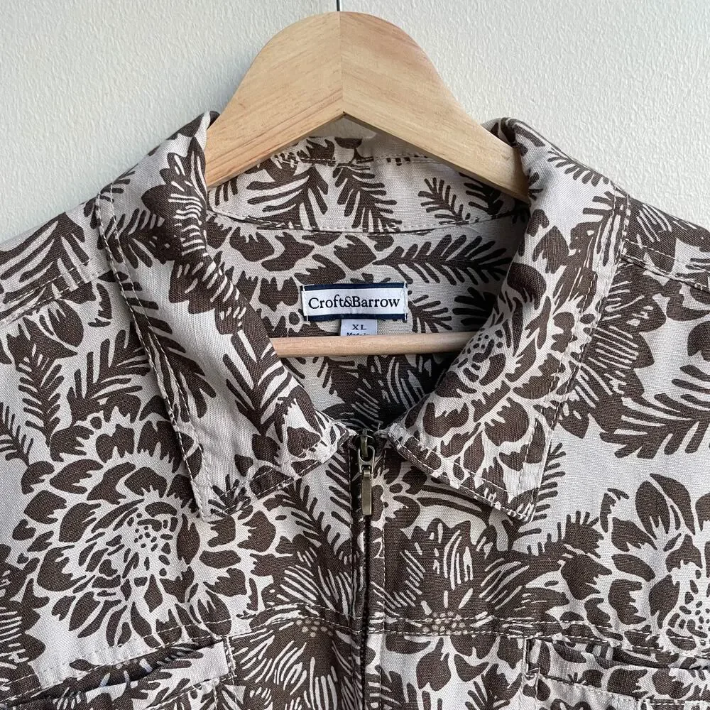 Brown Floral Linen Blend Lightweight Jacket Size XL Neutral Cottagecore Shacket